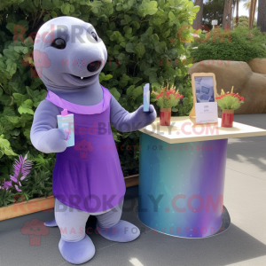 Lavender Sea Lion mascot costume character dressed with a Cocktail Dress and Smartwatches
