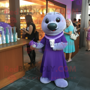 Lavender Sea Lion mascot costume character dressed with a Cocktail Dress and Smartwatches