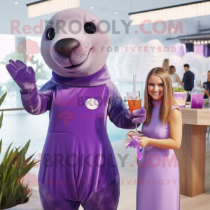 Lavender Sea Lion mascot costume character dressed with a Cocktail Dress and Smartwatches