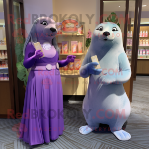 Lavender Sea Lion mascot costume character dressed with a Cocktail Dress and Smartwatches