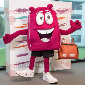 Magenta Lasagna mascot costume character dressed with a Running Shorts and Tote bags