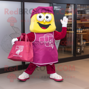 Magenta Lasagna mascot costume character dressed with a Running Shorts and Tote bags