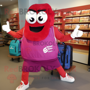 Magenta Lasagna mascot costume character dressed with a Running Shorts and Tote bags