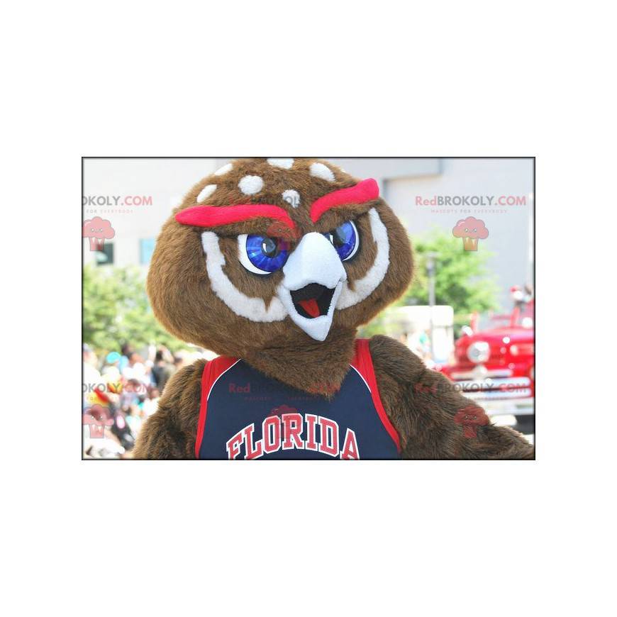 Brown and white owl mascot with red eyebrows - Redbrokoly.com