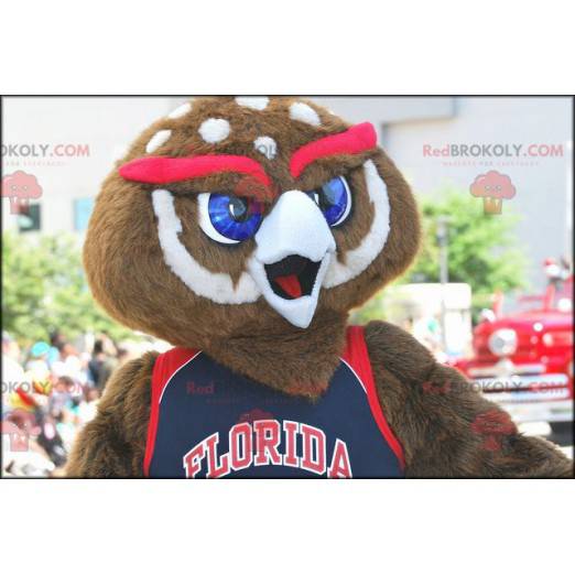 Brown and white owl mascot with red eyebrows - Redbrokoly.com