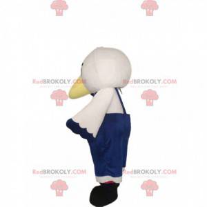 Kleine witte vogel mascotte met blauwe overall - Redbrokoly.com