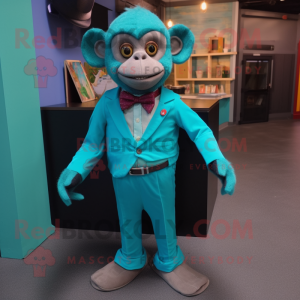 Teal Capuchin Monkey mascot costume character dressed with a Cardigan and Bow ties