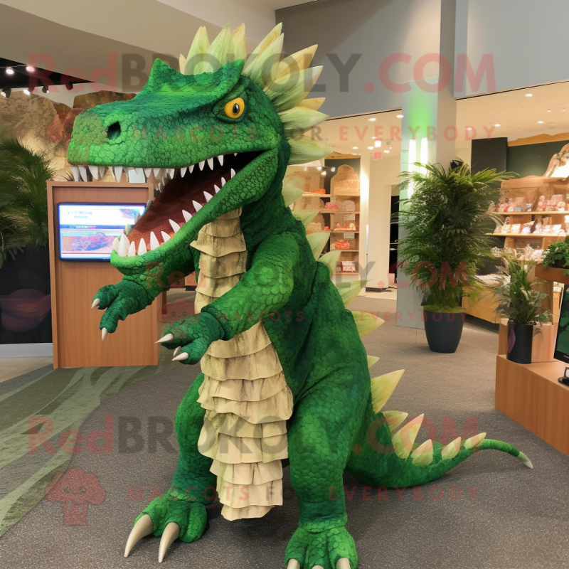 Forest Green Spinosaurus mascot costume character dressed with a Cover-up and Wraps Forest Green Spinosaurus mascot costume character dressed with a Cover-up and Wraps