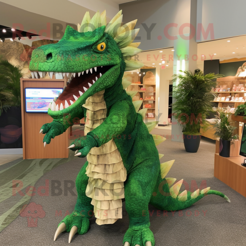 Forest Green Spinosaurus mascot costume character dressed with a Cover-up and Wraps