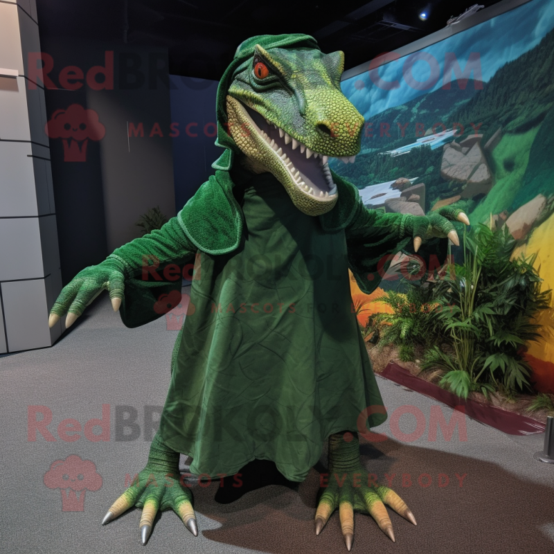 Forest Green Spinosaurus mascot costume character dressed with a Cover-up and Wraps Forest Green Spinosaurus mascot costume character dressed with a Cover-up and Wraps
