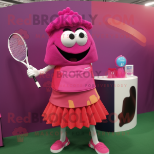 Magenta Tennis Racket mascot costume character dressed with a Maxi Skirt and Coin purses