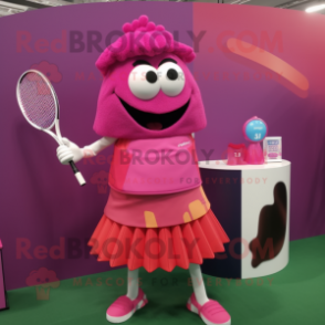 Magenta Tennis Racket mascot costume character dressed with a Maxi Skirt and Coin purses