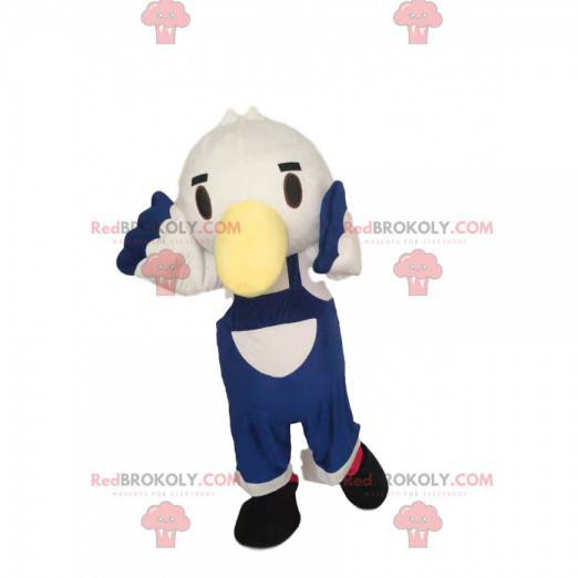 Mascot lille hvid fugl med blå overall - Redbrokoly.com