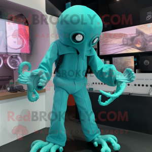 Turquoise Kraken mascot costume character dressed with a Jumpsuit and Smartwatches