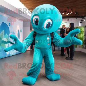 Turquoise Kraken mascot costume character dressed with a Jumpsuit and Smartwatches