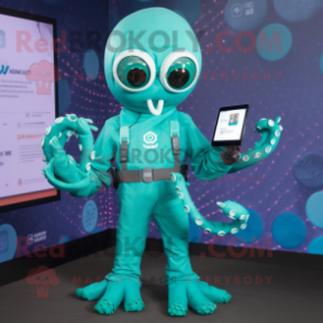Turquoise Kraken mascot costume character dressed with a Jumpsuit and Smartwatches