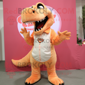 Peach T Rex mascot costume character dressed with a Chinos and Hair clips