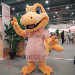 Peach T Rex mascot costume character dressed with a Chinos and Hair clips