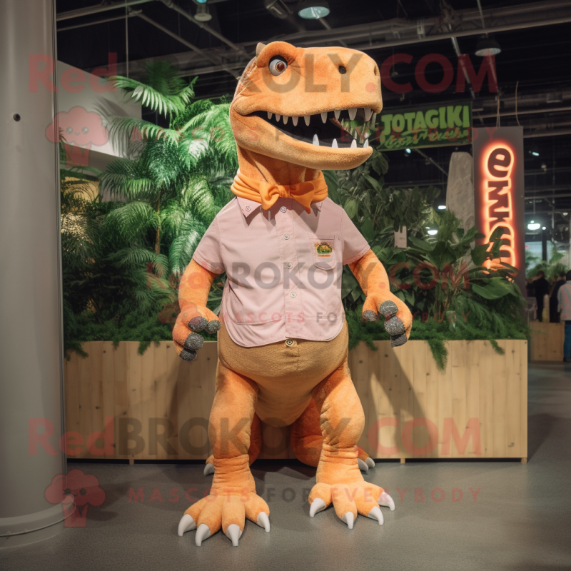 Peach T Rex mascot costume character dressed with a Chinos and Hair clips