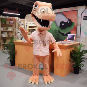 Peach T Rex mascot costume character dressed with a Chinos and Hair clips