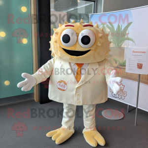 Cream Crab Cakes mascot costume character dressed with a Suit and Tie pins