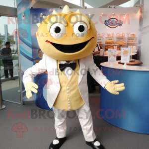 Cream Crab Cakes mascot costume character dressed with a Suit and Tie pins