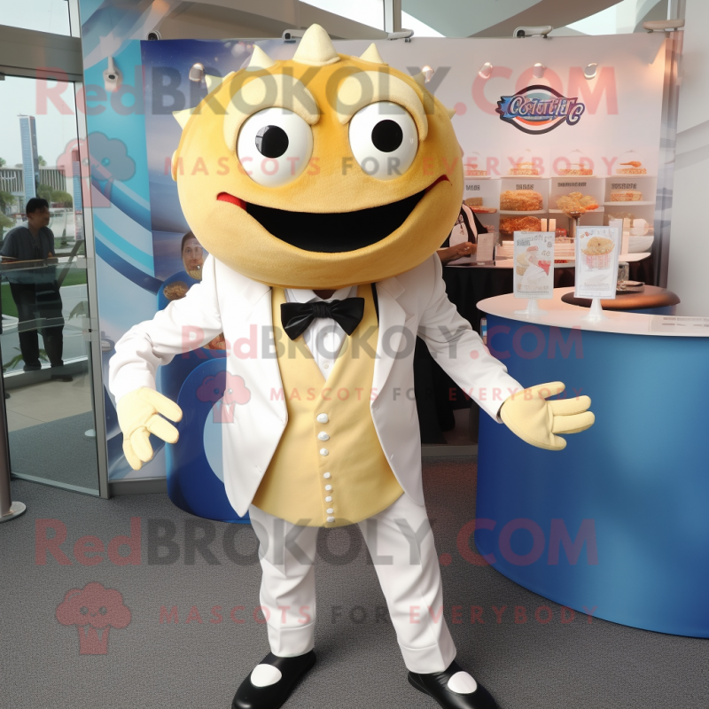 Cream Crab Cakes mascot costume character dressed with a Suit and Tie pins