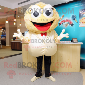 Cream Crab Cakes mascot costume character dressed with a Suit and Tie pins