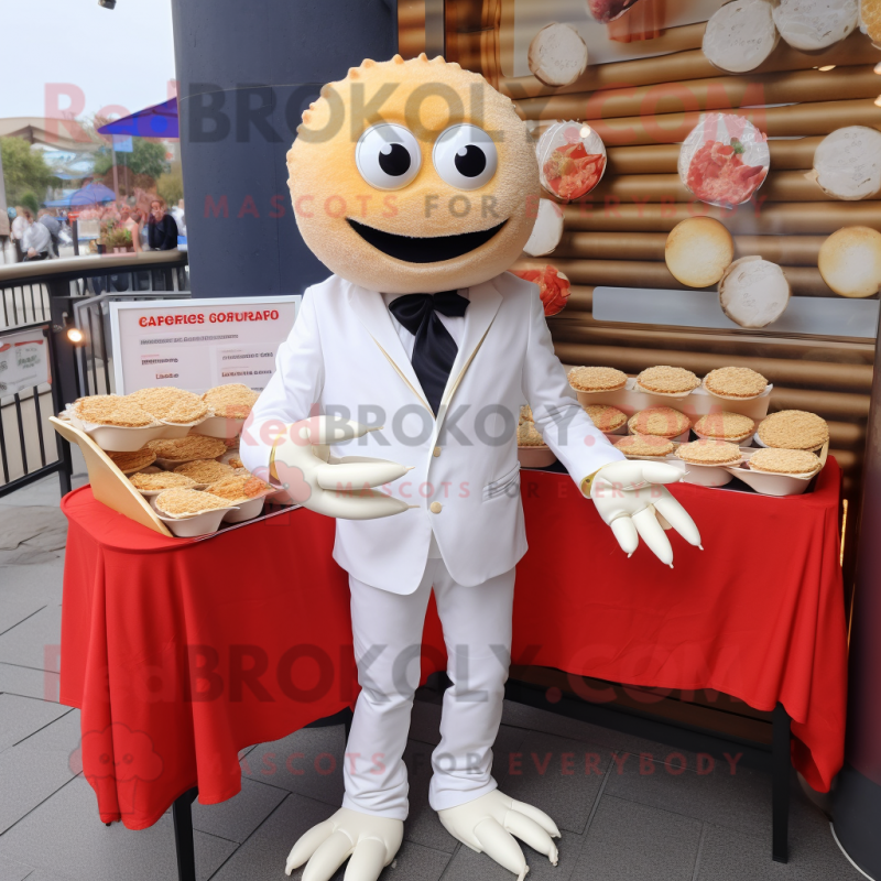 Cream Crab Cakes mascot costume character dressed with a Suit and Tie pins