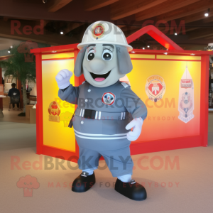 Silver Fire Fighter mascot costume character dressed with a Board Shorts and Shoe clips