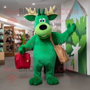 Green Moose mascot costume character dressed with a Jumpsuit and Tote bags