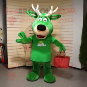 Green Moose mascot costume character dressed with a Jumpsuit and Tote bags