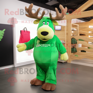 Green Moose mascot costume character dressed with a Jumpsuit and Tote bags