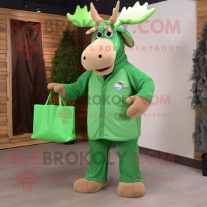 Green Moose mascot costume character dressed with a Jumpsuit and Tote bags