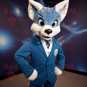 Blue Fox mascot costume character dressed with a Jacket and Tie pins