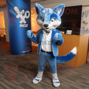 Blue Fox mascot costume character dressed with a Jacket and Tie pins