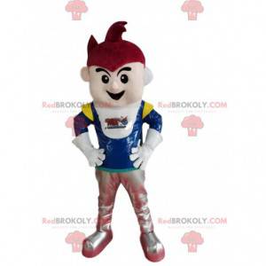 Cosmonaut mascot with red hair and a blue jersey -