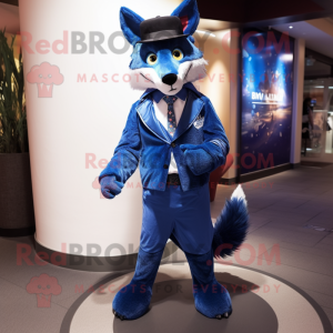 Blue Fox mascot costume character dressed with a Jacket and Tie pins