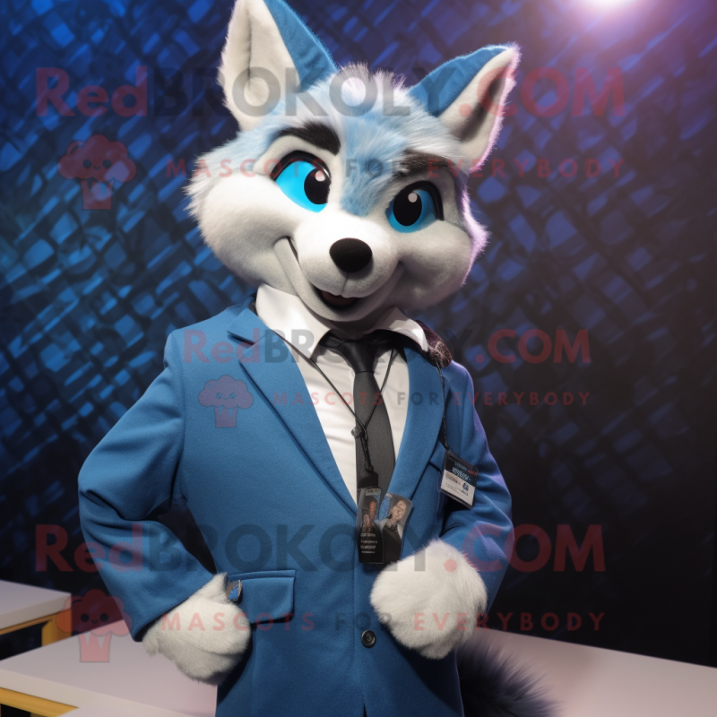 Blue Fox mascot costume character dressed with a Jacket and Tie pins