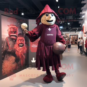 Maroon Witch mascot costume character dressed with a Rugby Shirt and Coin purses