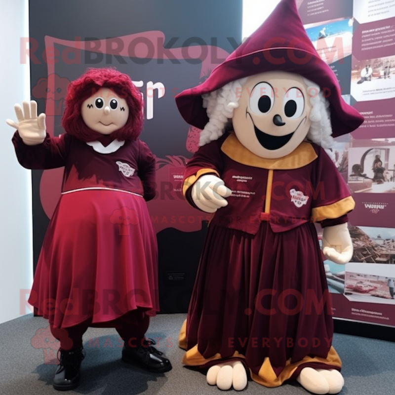 Maroon Witch mascot costume character dressed with a Rugby Shirt and Coin purses