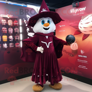 Maroon Witch mascot costume character dressed with a Rugby Shirt and Coin purses