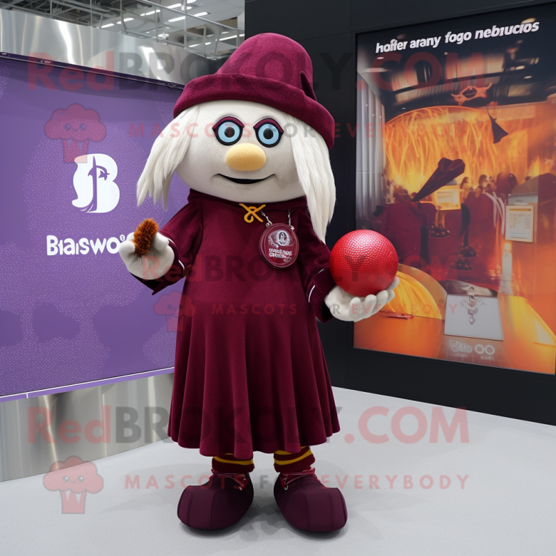 Maroon Witch mascot costume character dressed with a Rugby Shirt and Coin purses Maroon Witch mascot costume character dressed with a Rugby Shirt and Coin purses