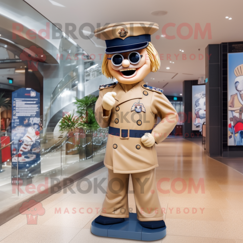 Tan Navy Soldier mascot costume character dressed with a A-Line Skirt and Hats