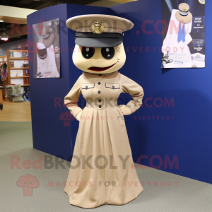 Tan Navy Soldier mascot costume character dressed with a A-Line Skirt and Hats