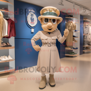 Tan Navy Soldier mascot costume character dressed with a A-Line Skirt and Hats
