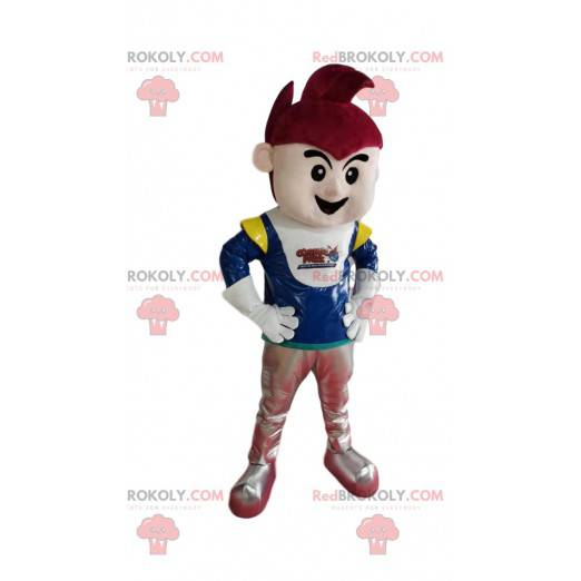 Mascote cosmonauta com cabelo ruivo e camisa azul -