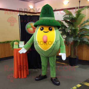 Forest Green Grapefruit mascot costume character dressed with a Suit Jacket and Shawl pins