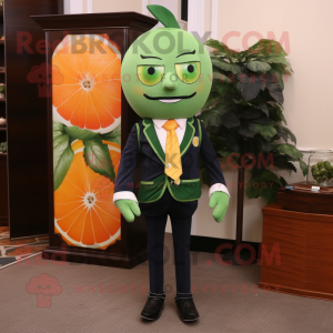 Forest Green Grapefruit mascot costume character dressed with a Suit Jacket and Shawl pins