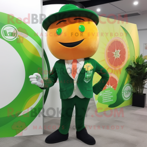 Forest Green Grapefruit mascot costume character dressed with a Suit Jacket and Shawl pins